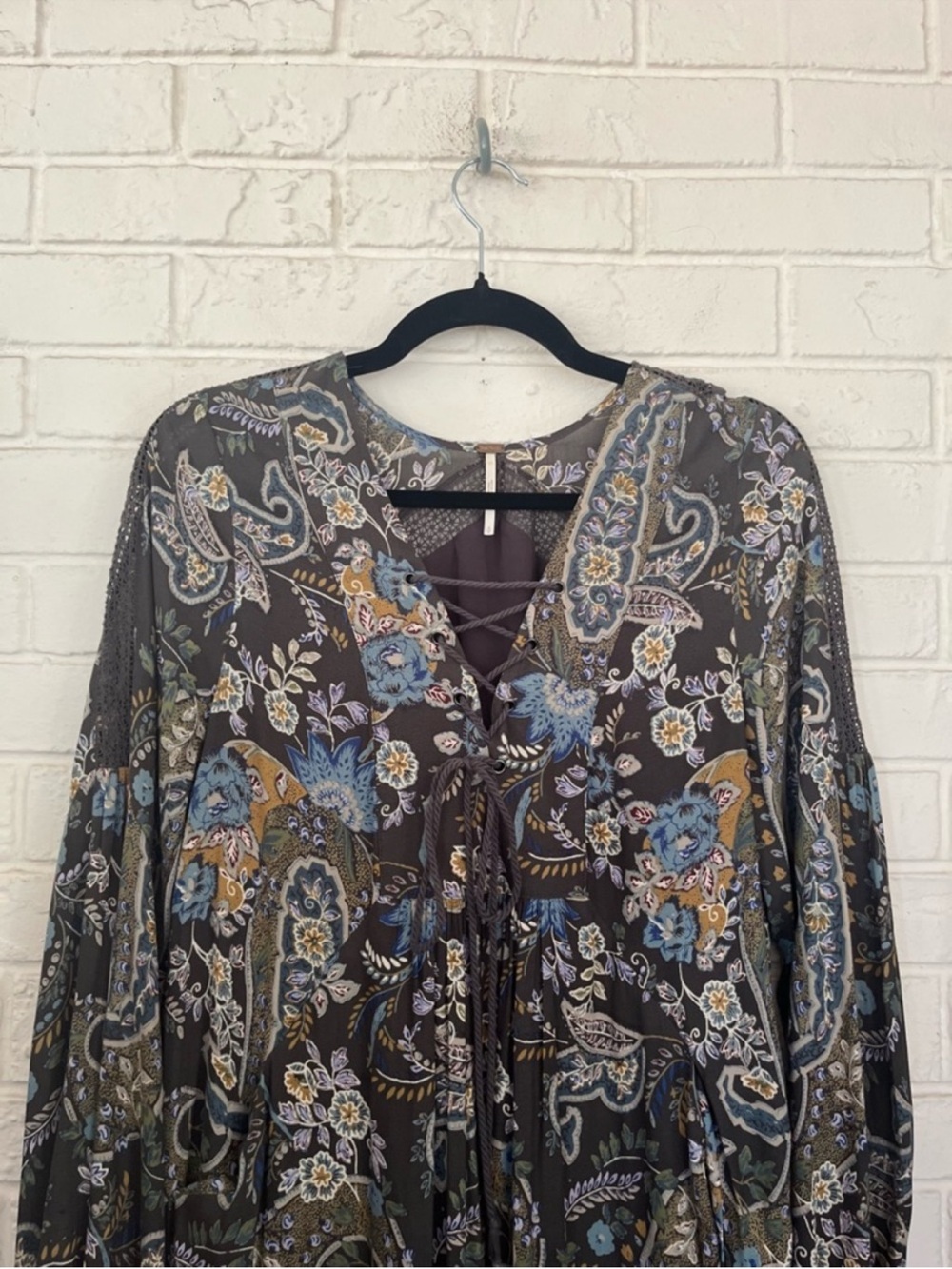 Free People Charcoal Floral Paisley Lace-Up Mini Dress - Picture 4 of 5